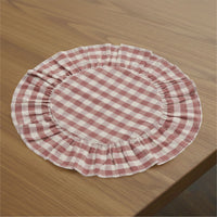 Rosehill Cottage Dusty Rose Gingham Round Ruffled Cotton Placemats - Set of 6 - 15in Pink & Natural Table Mats