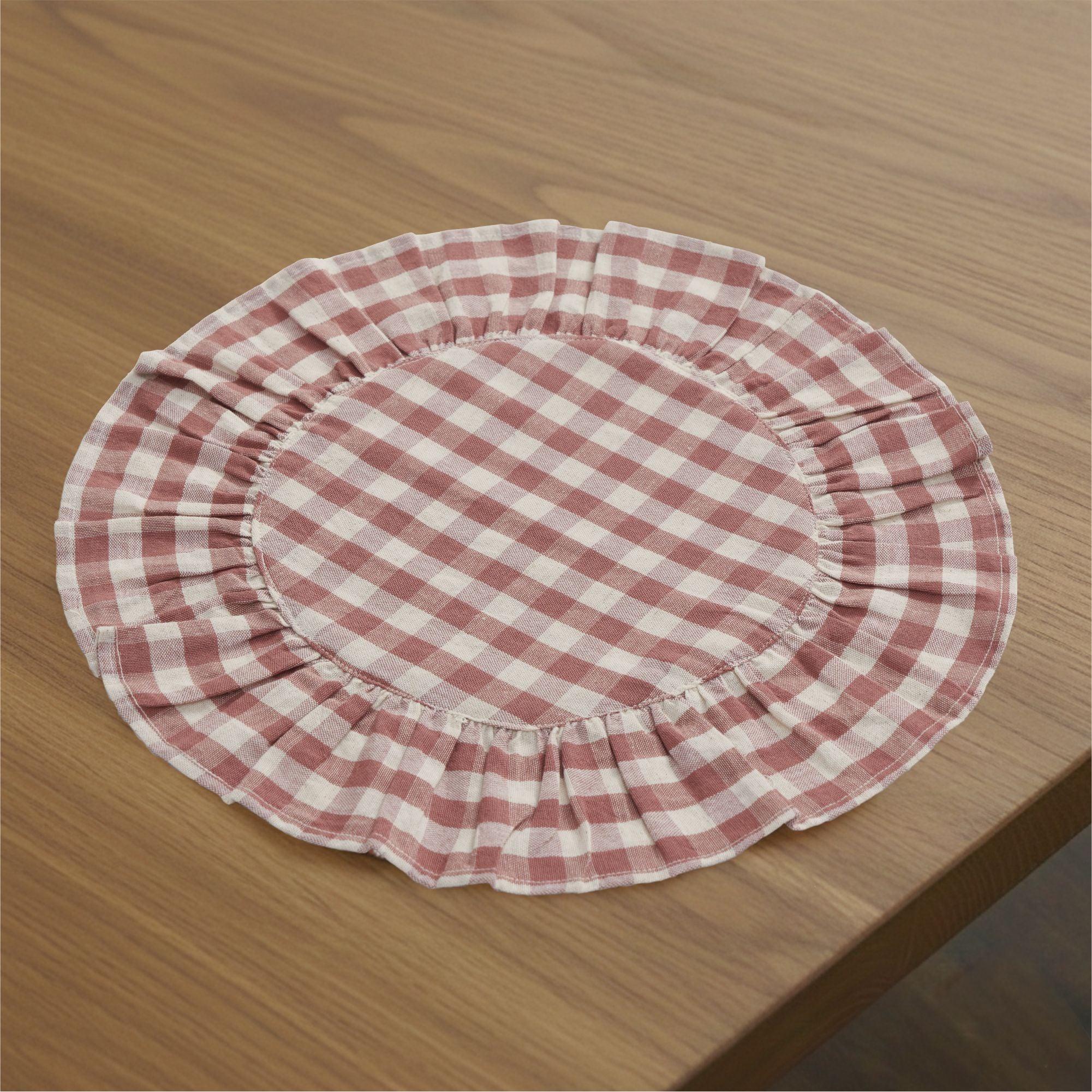Rosehill Cottage Dusty Rose Gingham Round Ruffled Cotton Placemats - Set of 6 - 15in Pink & Natural Table Mats