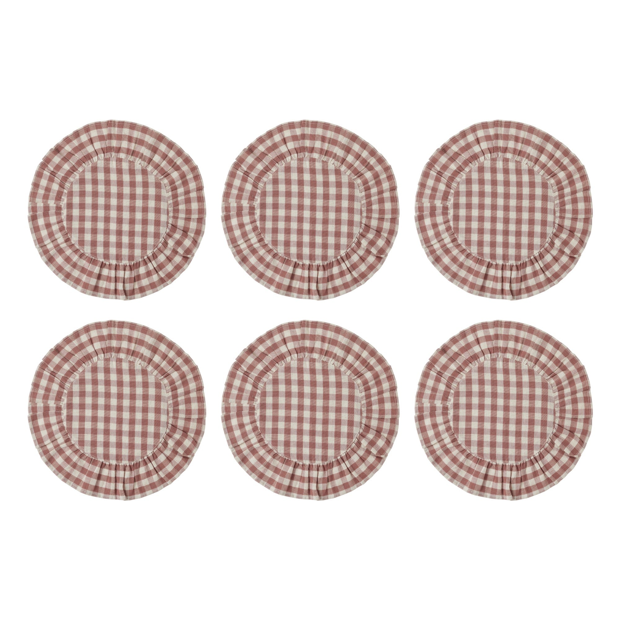 Rosehill Cottage Dusty Rose Gingham Round Ruffled Cotton Placemats - Set of 6 - 15in Pink & Natural Table Mats