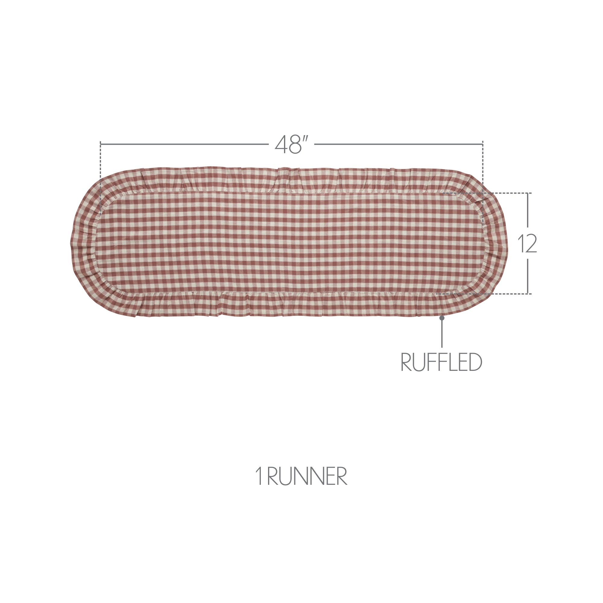 Rosehill Cottage Dusty Rose Gingham Ruffled Cotton Table Runner - 12x48 Pink & Natural Oval Runner