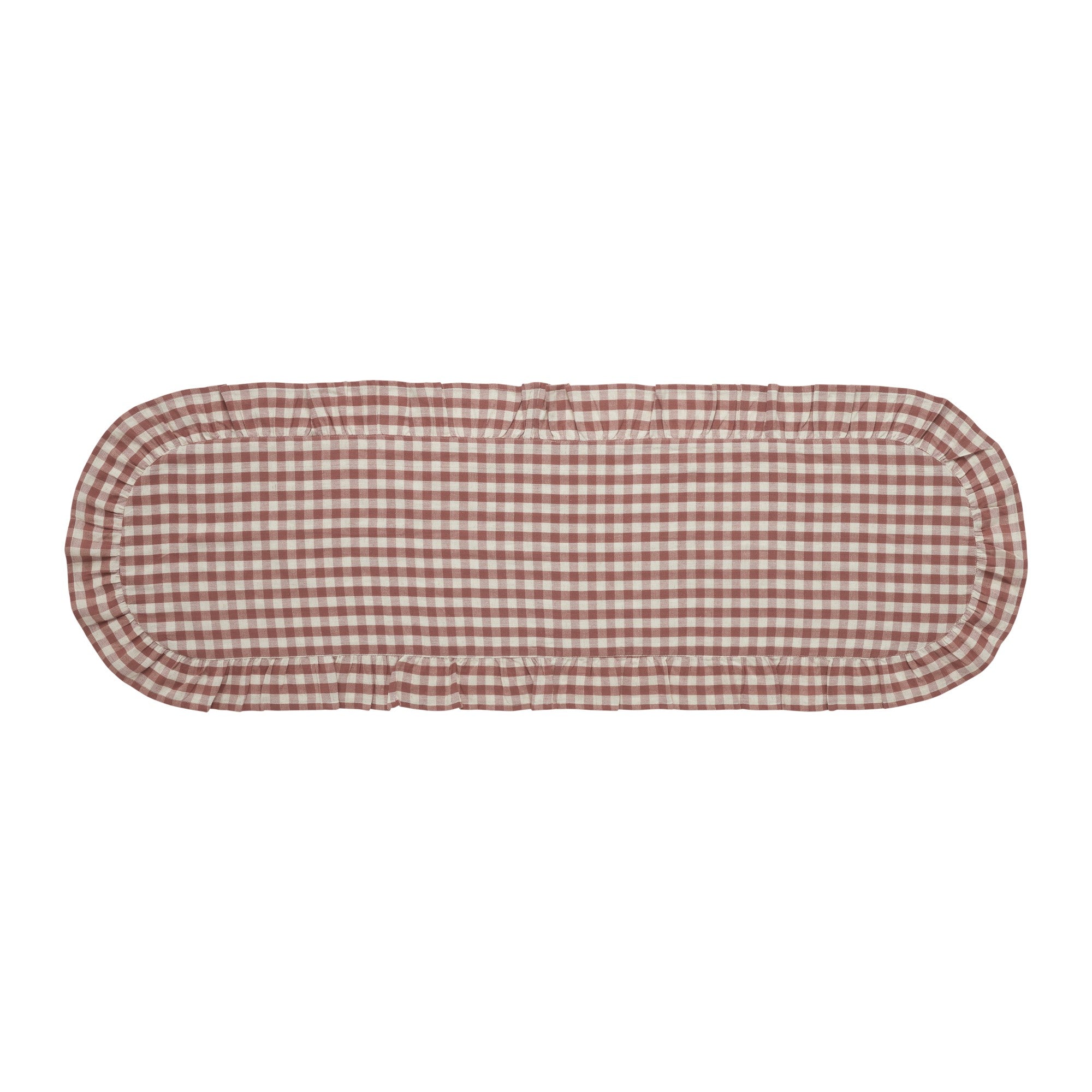 Rosehill Cottage Dusty Rose Gingham Ruffled Cotton Table Runner - 12x48 Pink & Natural Oval Runner