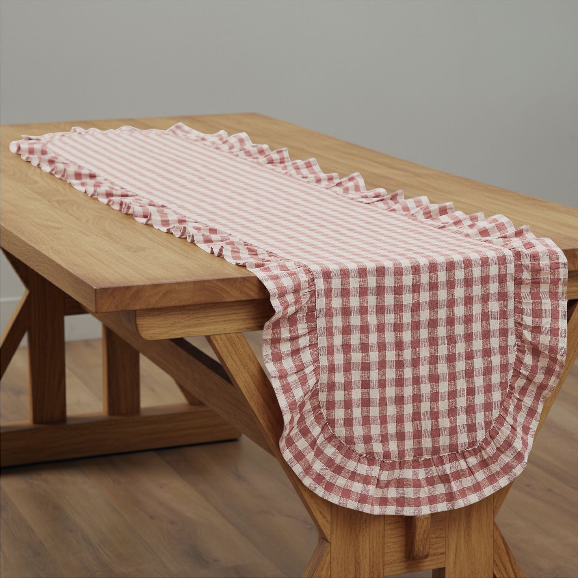 Rosehill Cottage Dusty Rose Gingham Ruffled Cotton Table Runner - 12x72 Pink & Natural Oval Runner