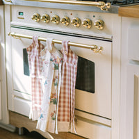 Rosehill Cottage Ruffled Cotton Hanging Kitchen Towels - Set of 3 - Green & Dusty Rose Gingham Floral