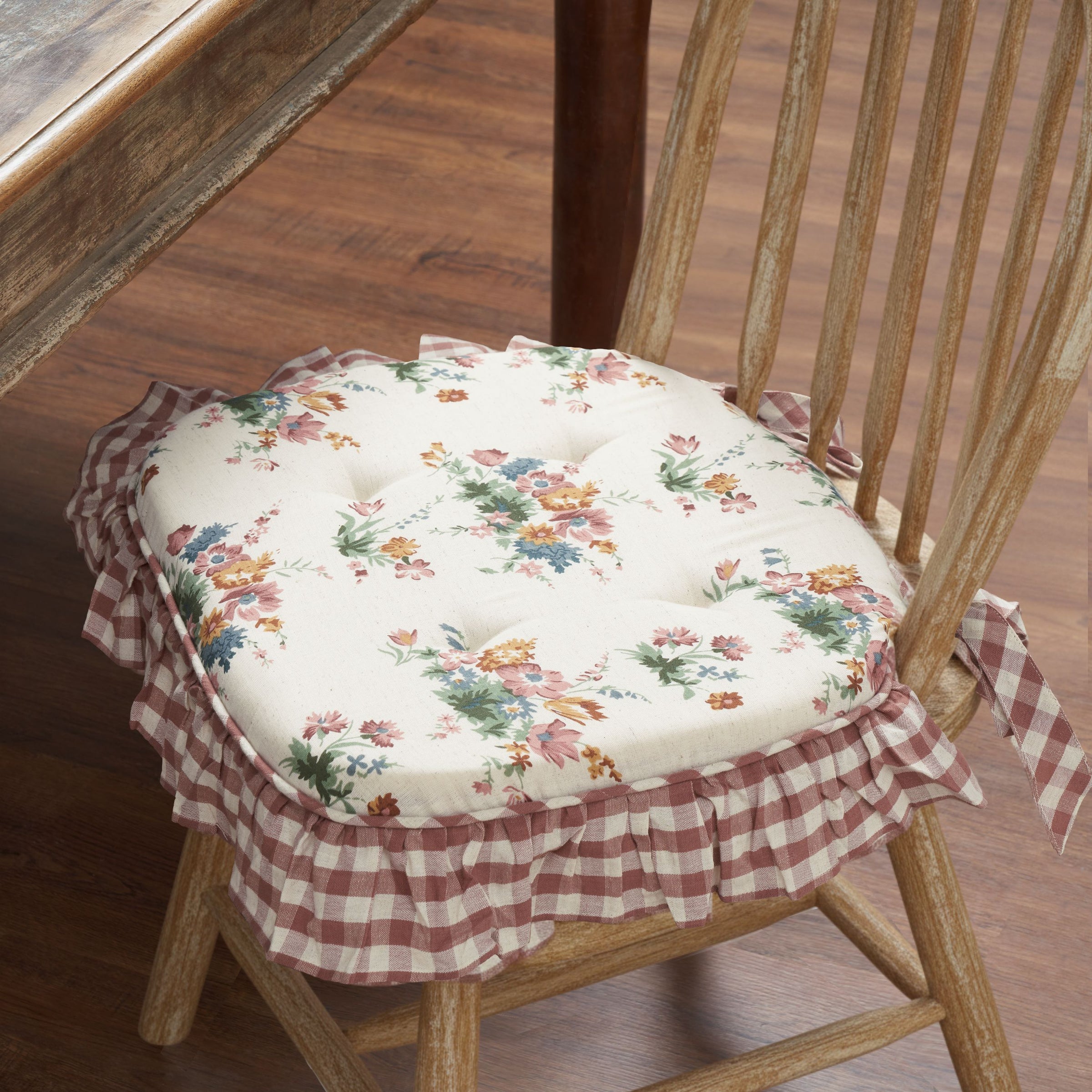 Rosehill Cottage Floral Ruffled Cotton Chair Pad - 15.5x17 - Dusty Rose & Natural Cushioned Seat Cushion