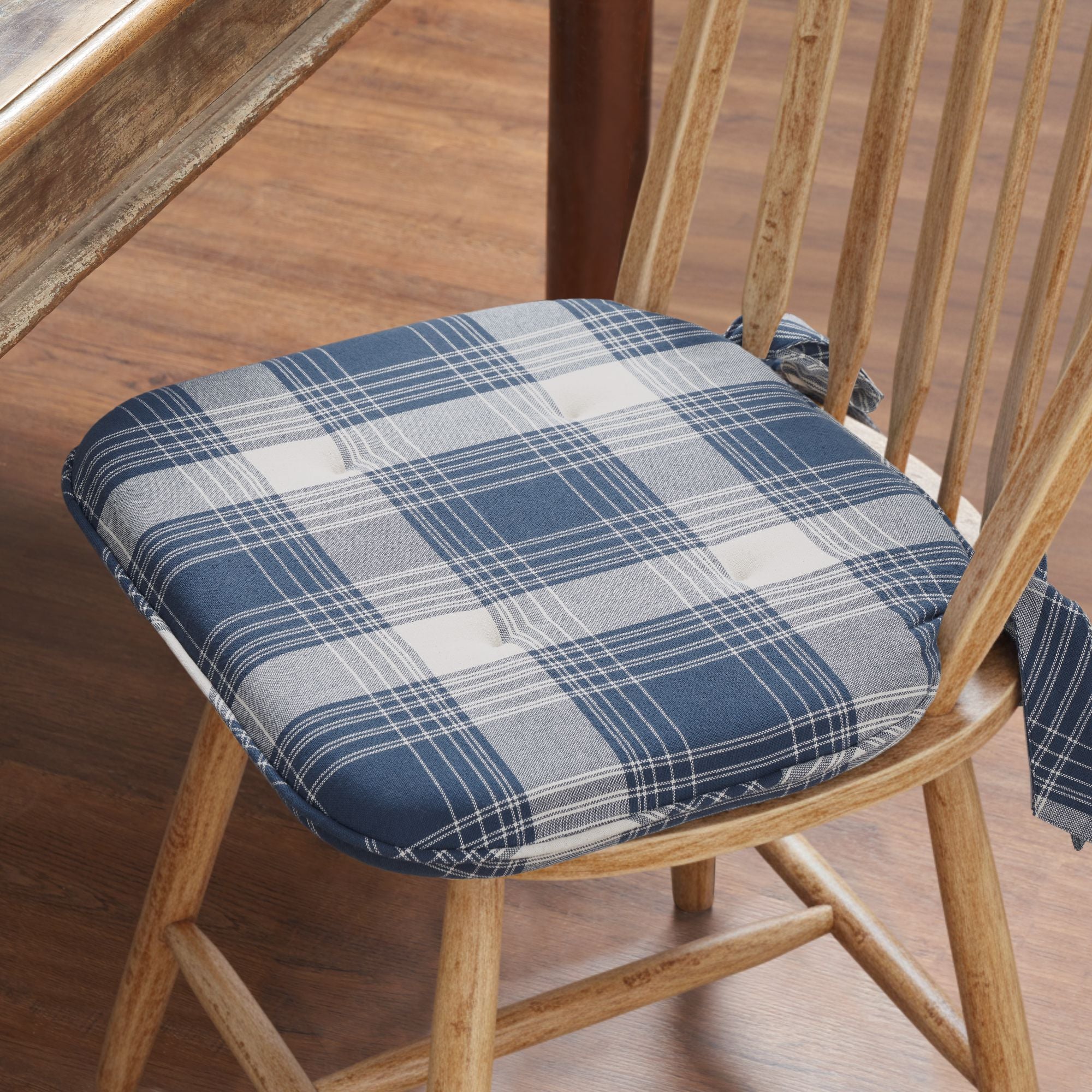 Colonial Blue Plaid Chair Pad with Ties - 15.5x17 Rustic Farmhouse Stuffed Seat Cushion