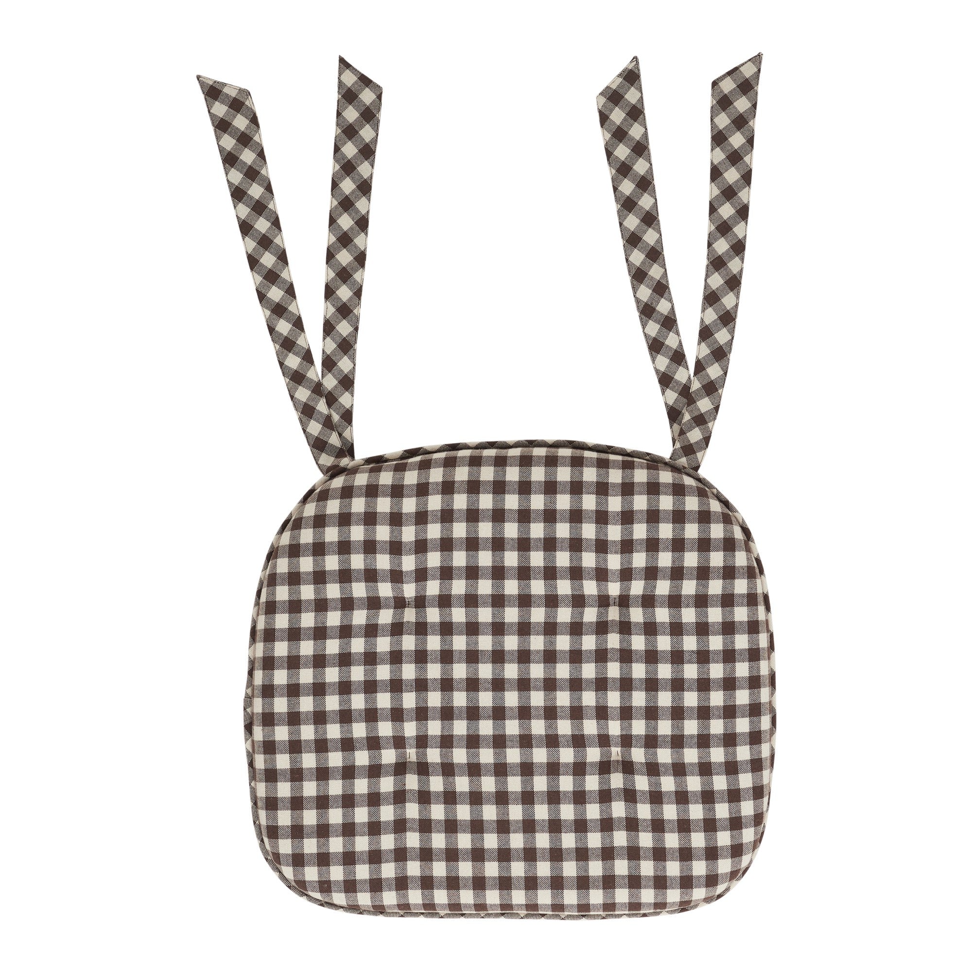 Coffee Brown Gingham Chair Pad with Ties - 15.5x17 Rustic Farmhouse Seat Cushion