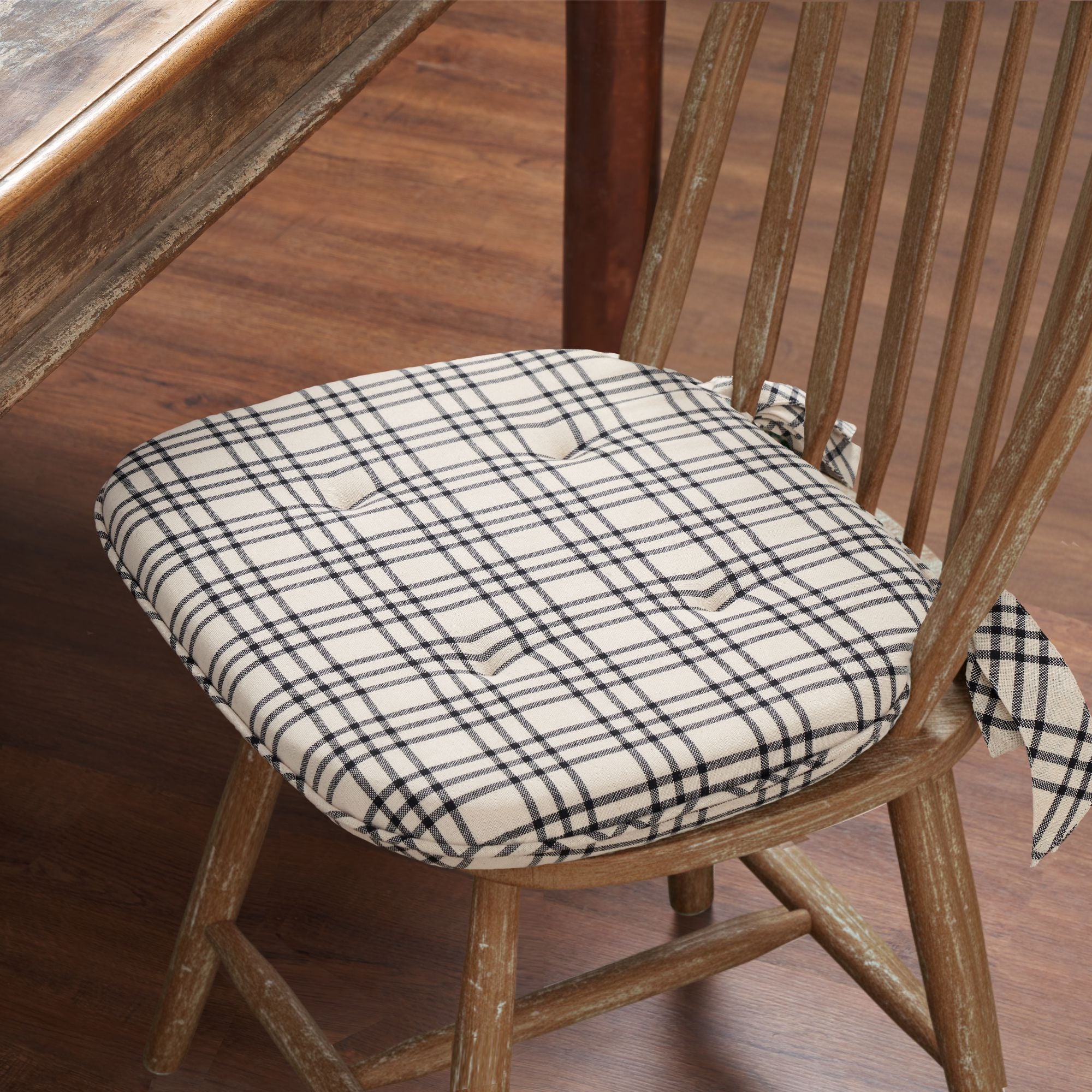 Linen & Black Plaid Cotton Chair Pad - 15.5x17 Cushioned Seat Cushion - VHC Brands