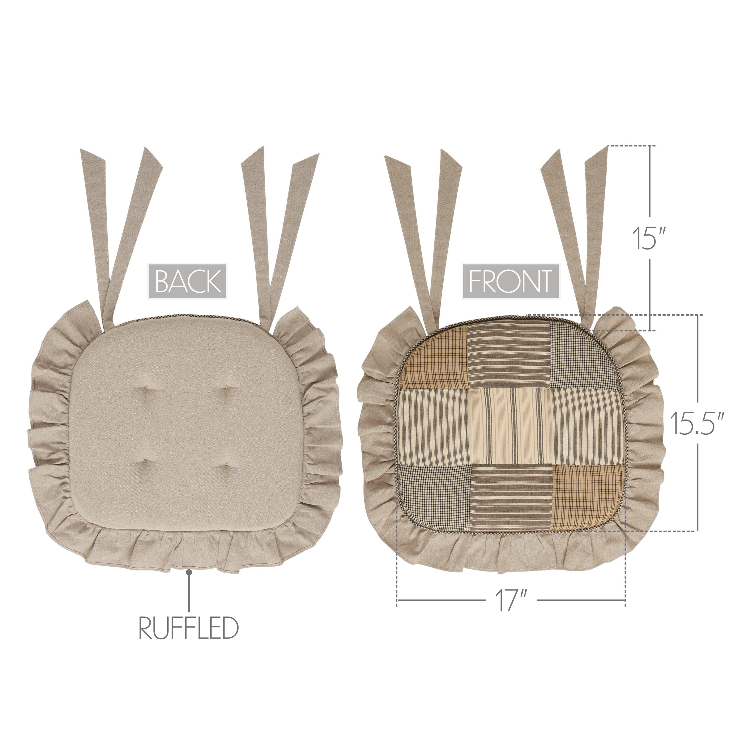 Sawyer Mill Charcoal Patchwork Cotton Chair Pad - 15.5x17 Cushioned Seat Cushion - VHC Brands