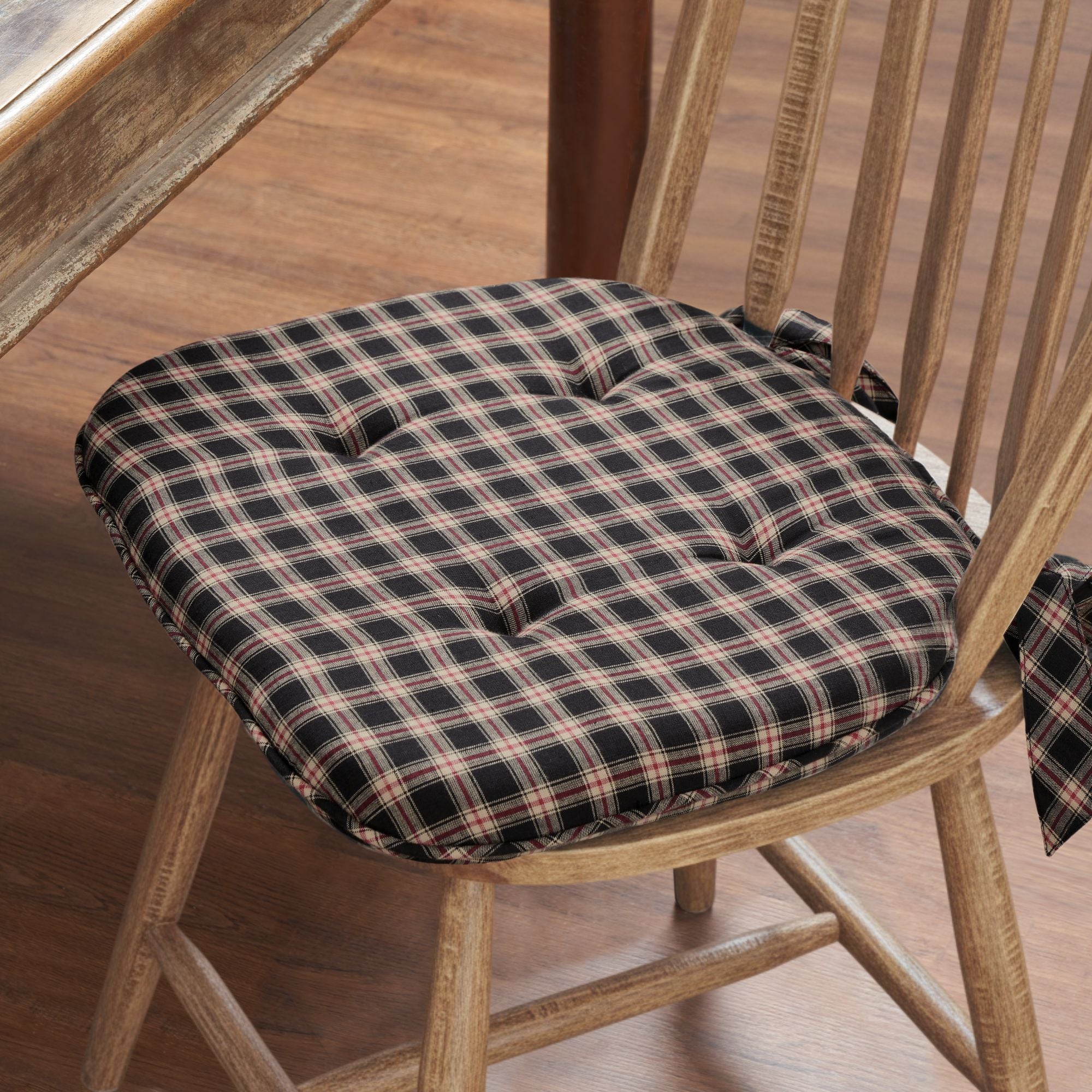 Bingham Black Red Tan Plaid Chair Pad with Ties - 15.5x17 Rustic Farmhouse Stuffed Seat Cushion