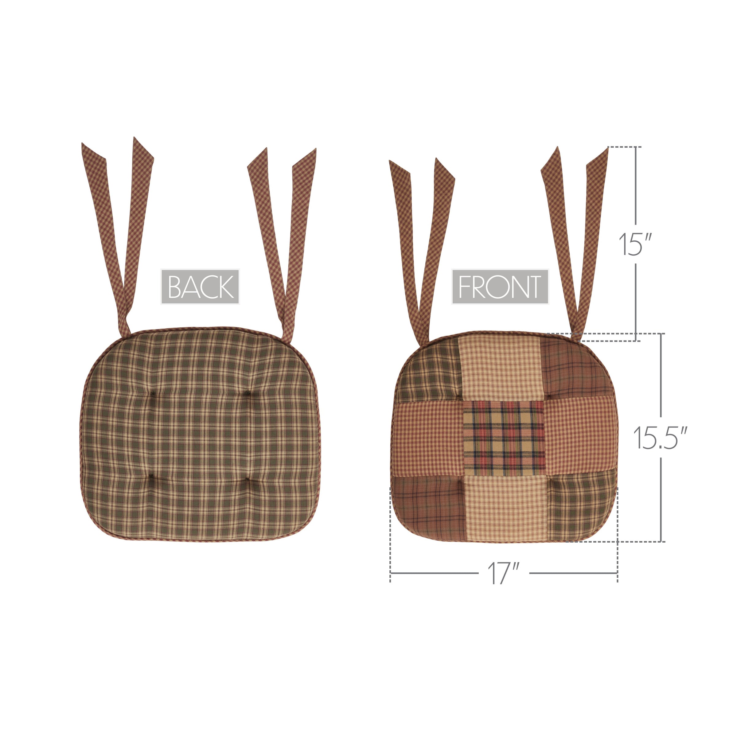 Crosswoods Patchwork Chair Pad - Rustic Tan, Green & Red Plaid - 15.5x17