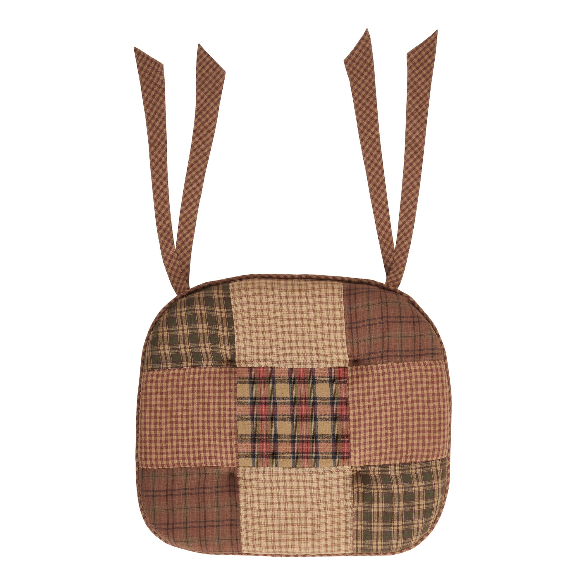 Crosswoods Patchwork Chair Pad - Rustic Tan, Green & Red Plaid - 15.5x17