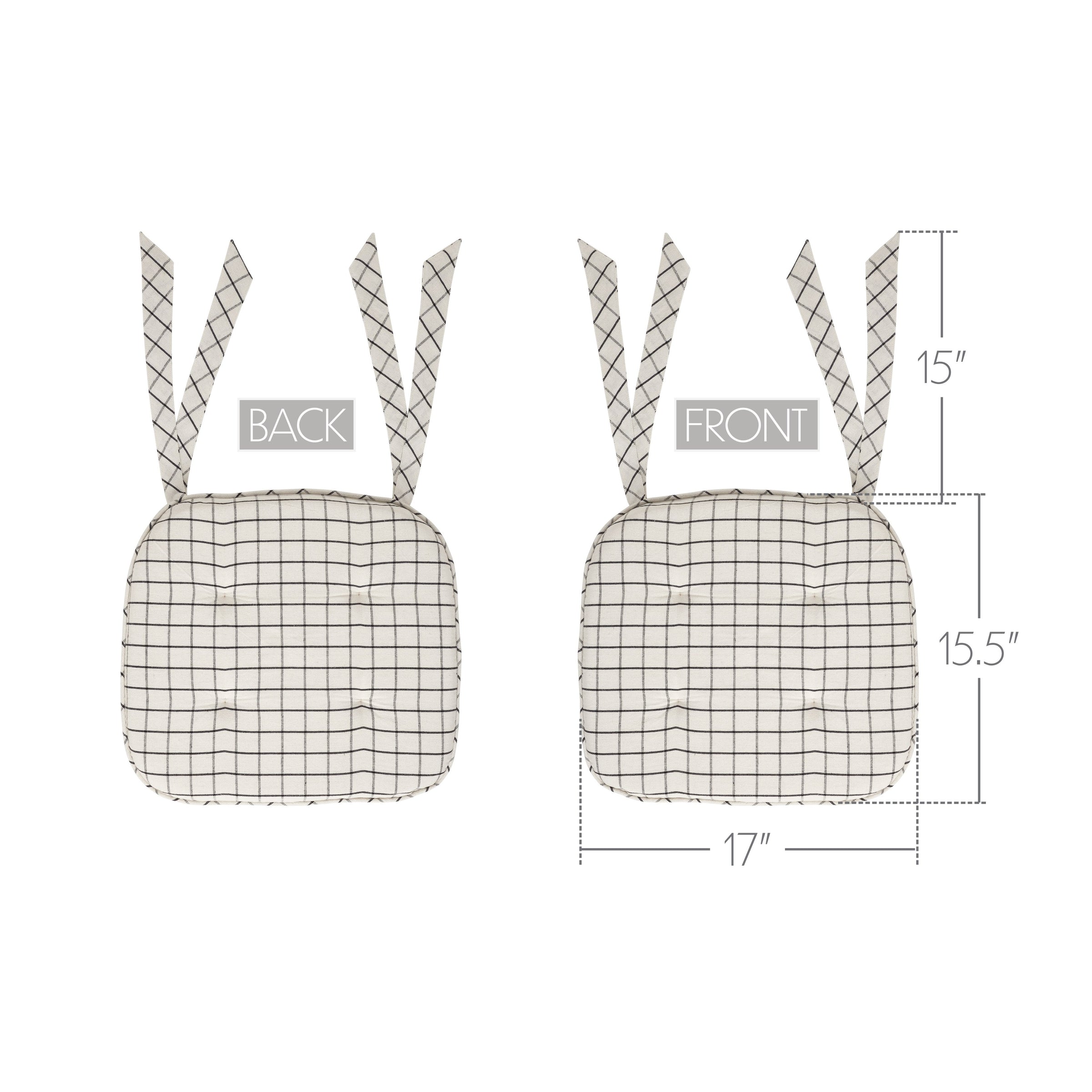 Black White Ivory Windowpane Check Woven Chair Pad - 15.5x17 Rustic Farmhouse Seat Cushion with Ties