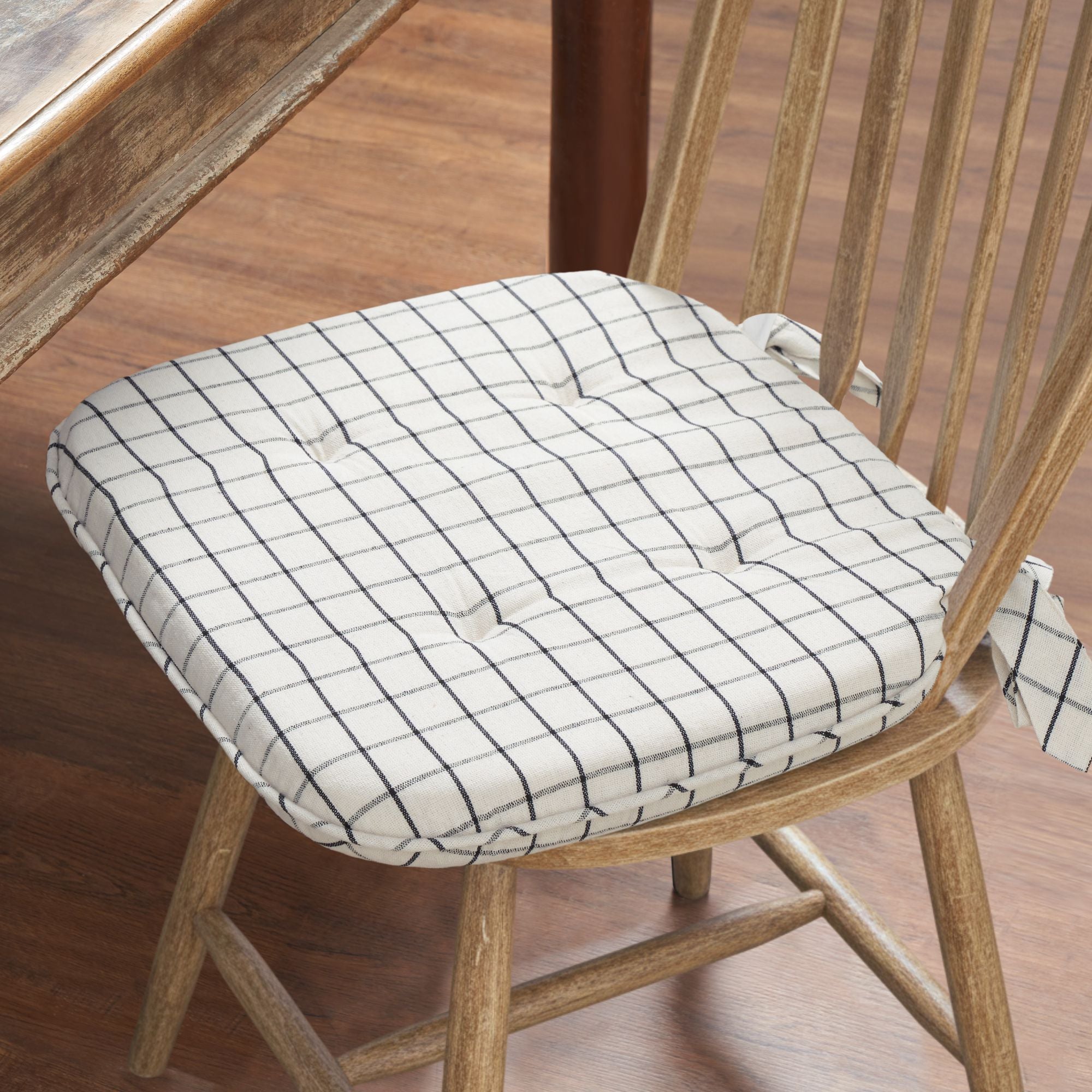 Black White Ivory Windowpane Check Woven Chair Pad - 15.5x17 Rustic Farmhouse Seat Cushion with Ties