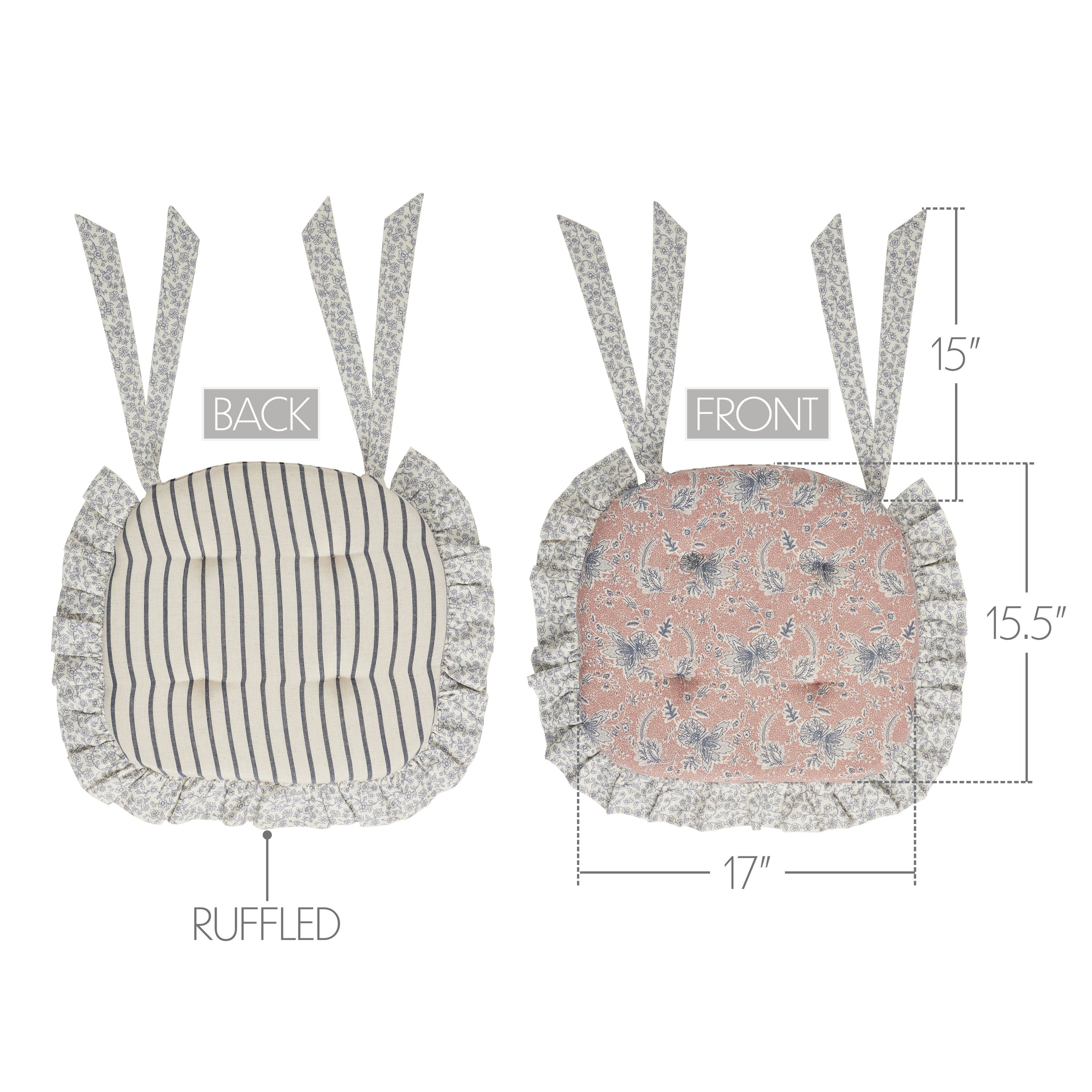 Kaila Blue Natural Pink Floral Cotton Chair Pad - 15.5x17 Cushioned Seat Cushion - VHC Brands