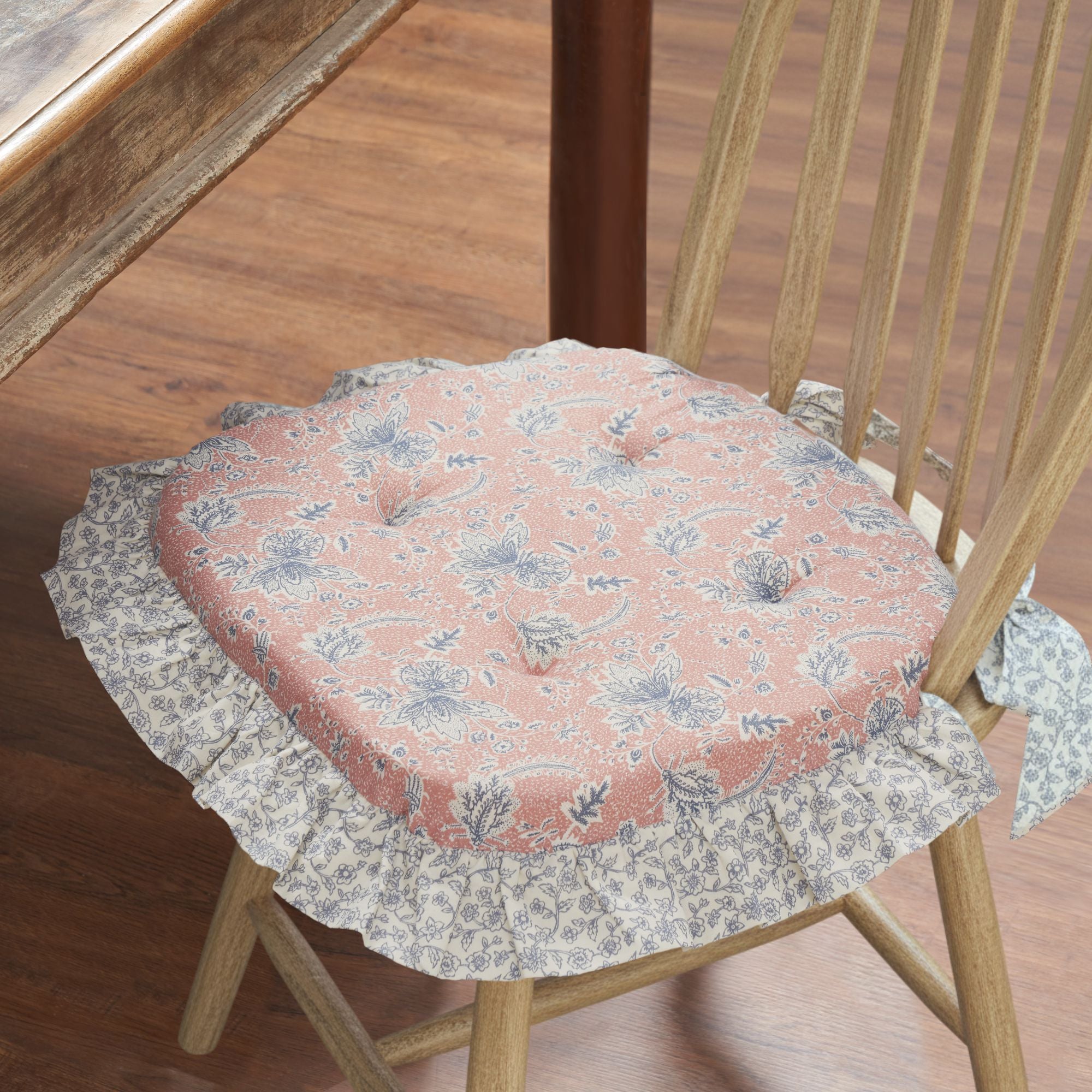 Kaila Blue Natural Pink Floral Cotton Chair Pad - 15.5x17 Cushioned Seat Cushion - VHC Brands
