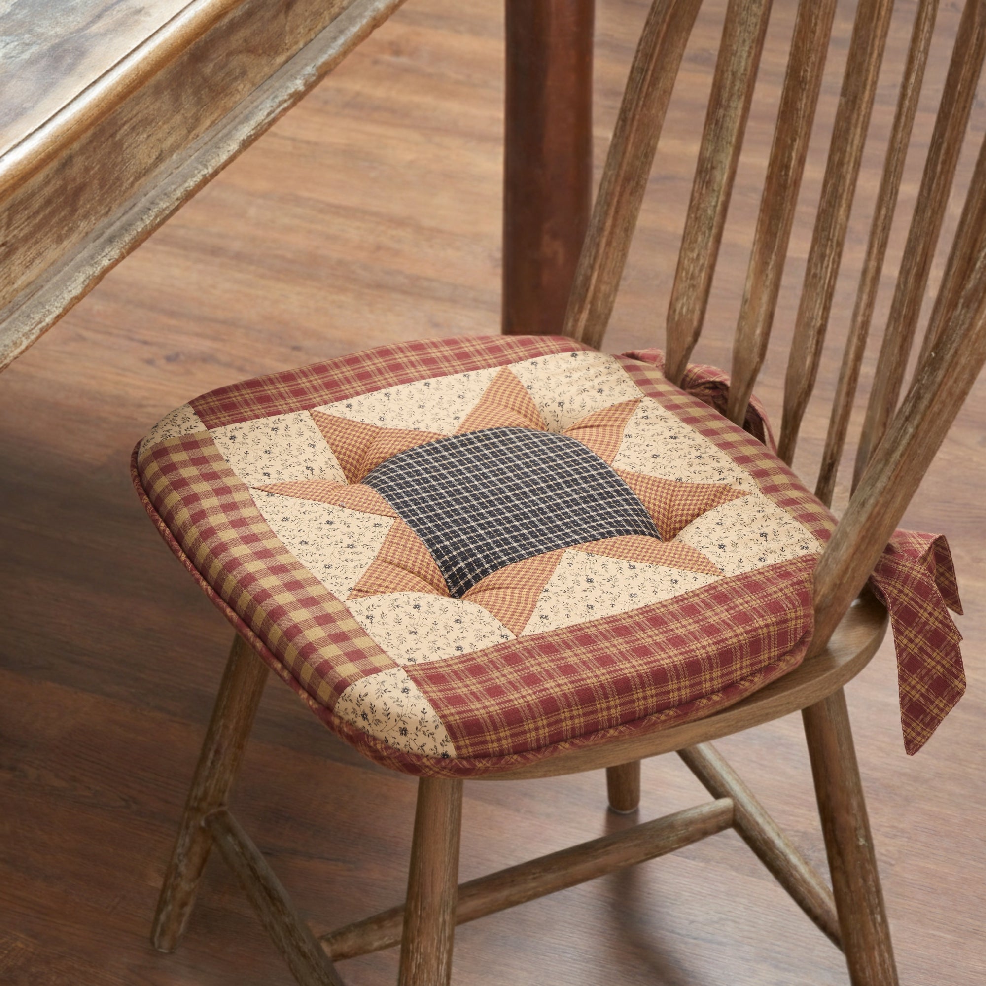 Maisie Burgundy Black Tan Check Patchwork Cotton Chair Pad - 15.5x17 Cushioned Seat Cushion - VHC Brands