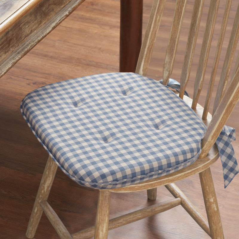 Cottage Blue Checked Woven Chair Pad with Ties - 15.5x17 Farmhouse Cottage Seat Cushion
