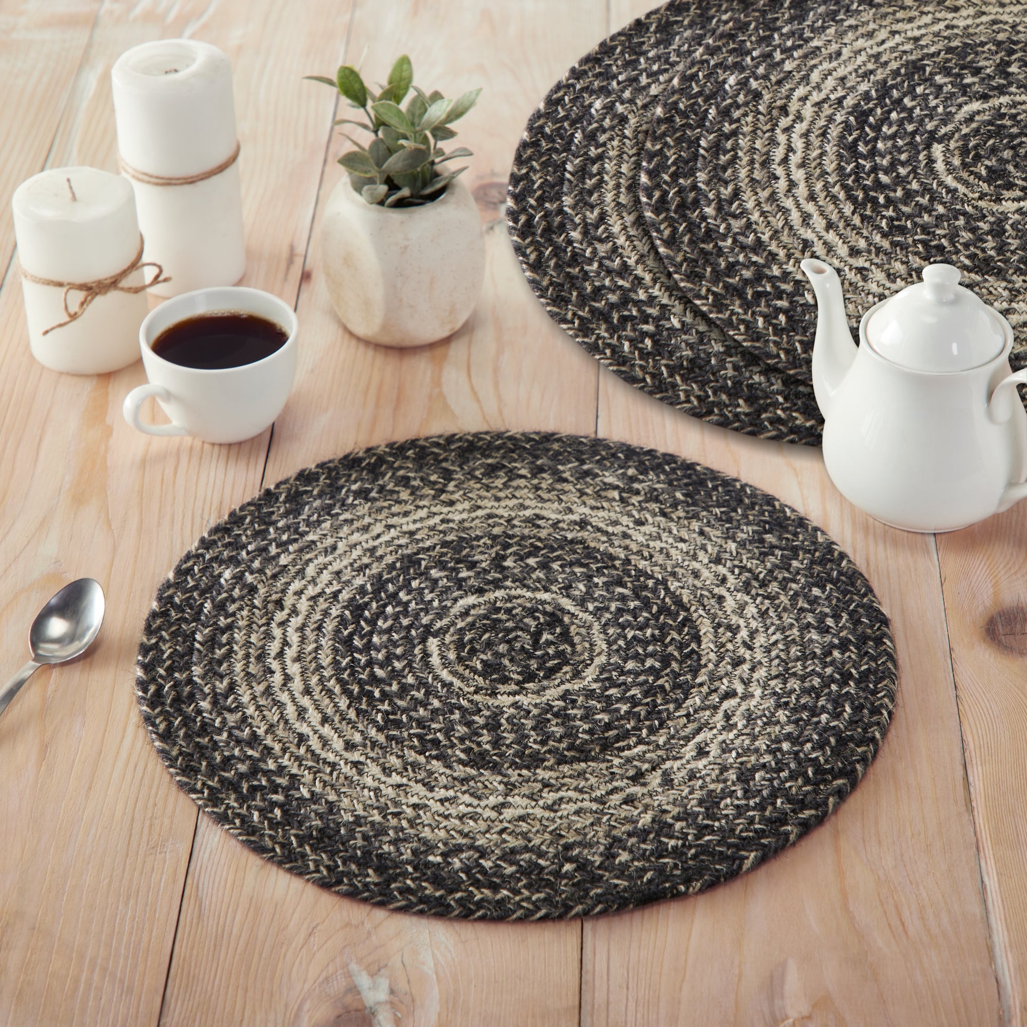 Sawyer Mill Black White Jute Trivet 15 inch Diameter Set of 3