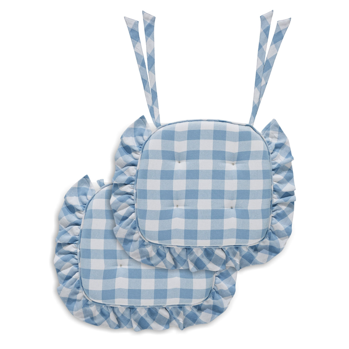 Annie Blue White Ruffled Check Chair Pad Set of 2 15.5x17