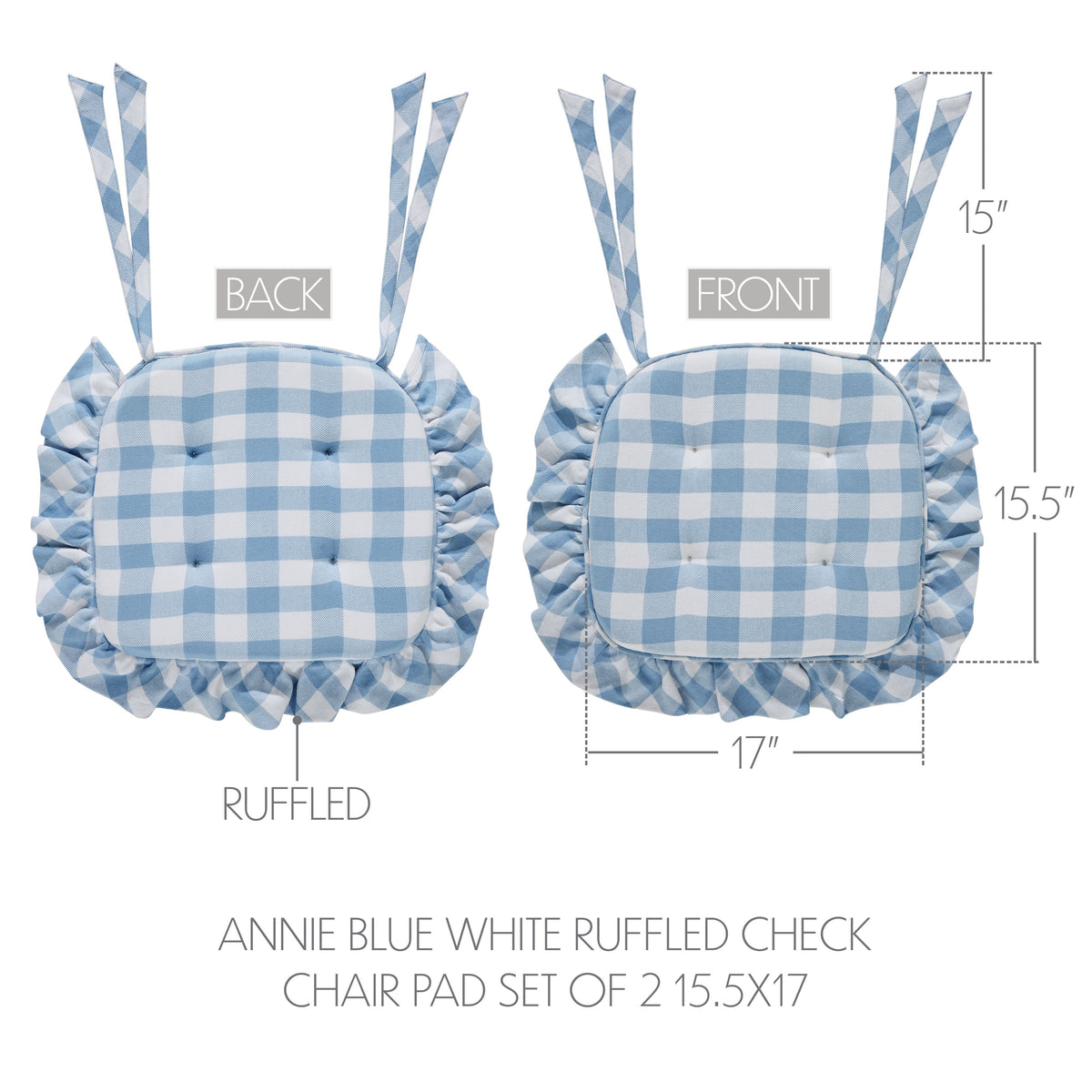 Annie Blue White Ruffled Check Chair Pad Set of 2 15.5x17
