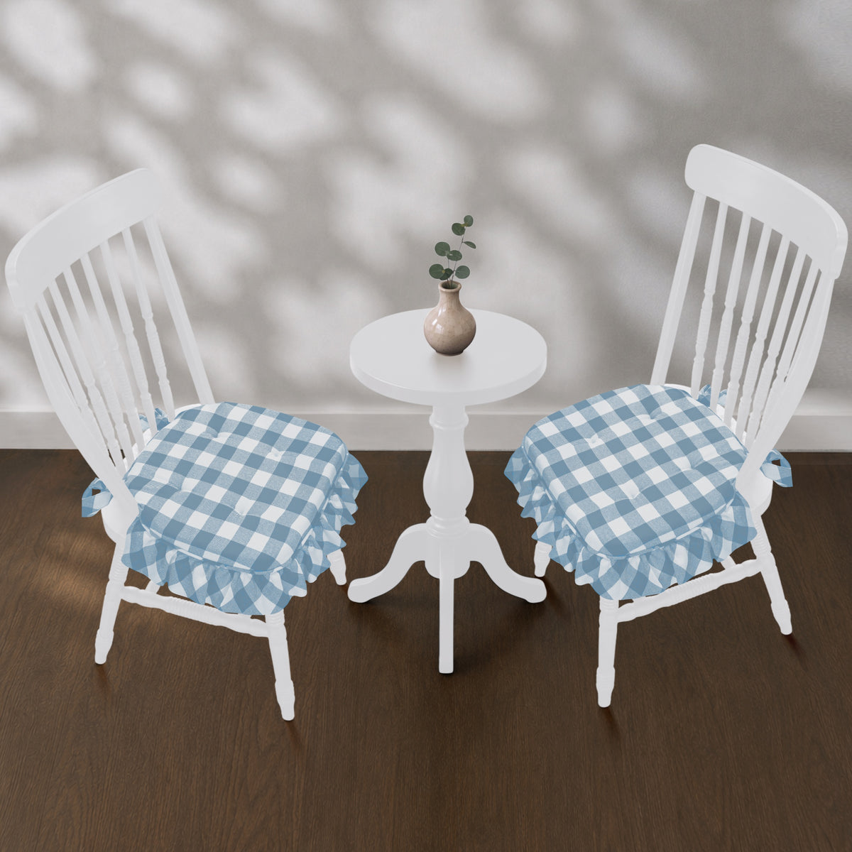 Annie Blue White Ruffled Check Chair Pad Set of 2 15.5x17