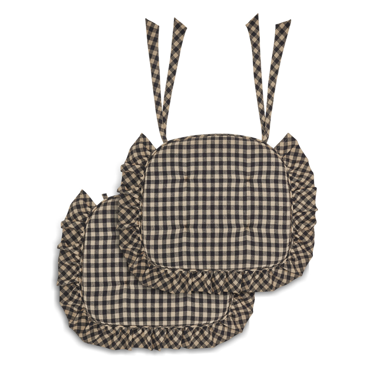 Black & Tan Check Ruffled Chair Pad Set of 2 15.5x17