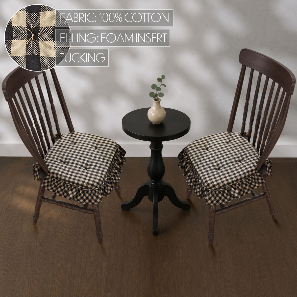 Black & Tan Check Ruffled Chair Pad Set of 2 15.5x17