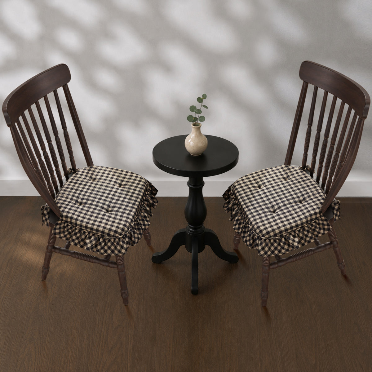 Black & Tan Check Ruffled Chair Pad Set of 2 15.5x17