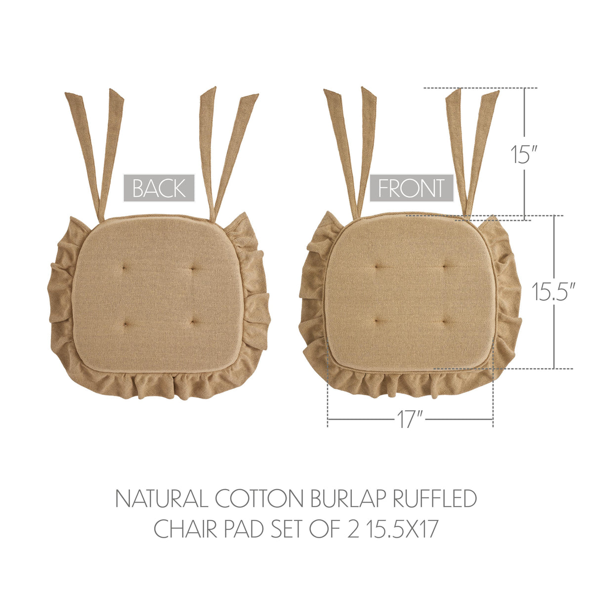 Natural Cotton Burlap Ruffled Chair Pad Set of 2 15.5x17