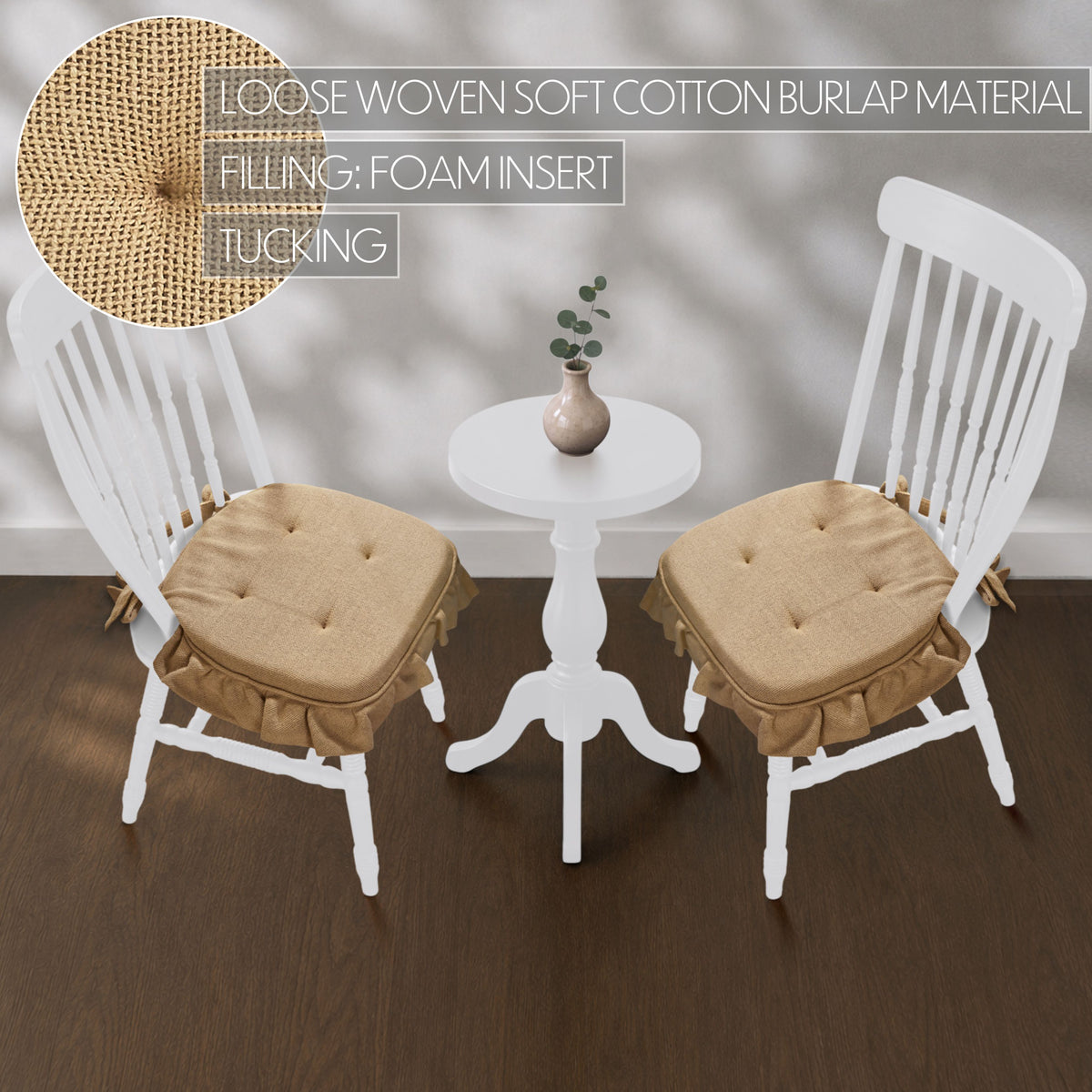 Natural Cotton Burlap Ruffled Chair Pad Set of 2 15.5x17