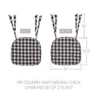 My Country Navy Natural Check Chair Pad Set of 2 15.5x17
