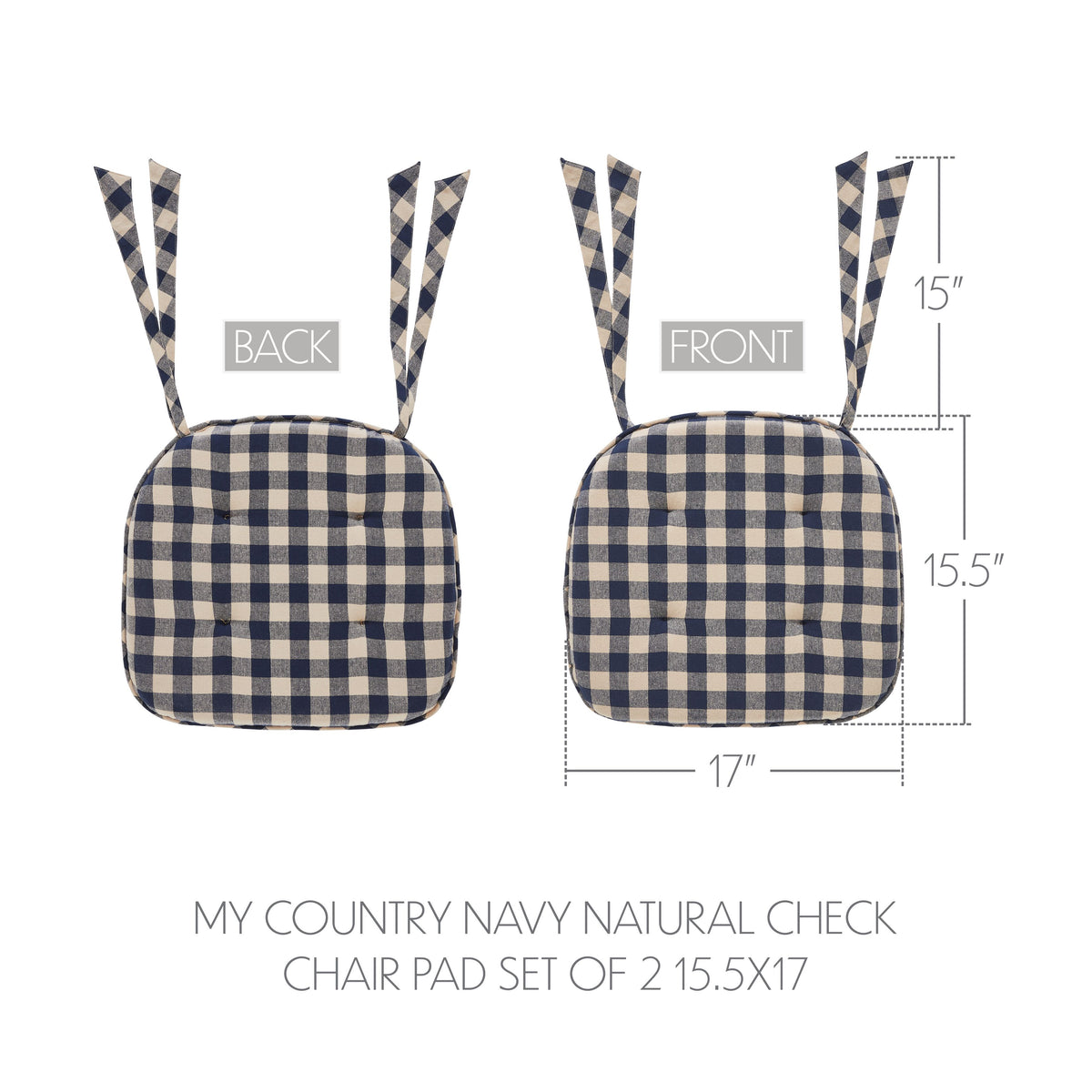 My Country Navy Natural Check Chair Pad Set of 2 15.5x17