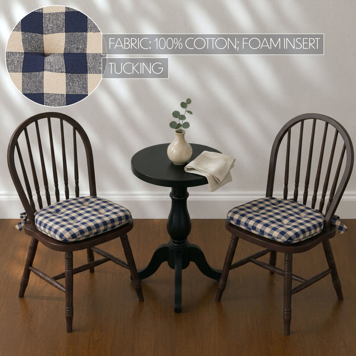 My Country Navy Natural Check Chair Pad Set of 2 15.5x17