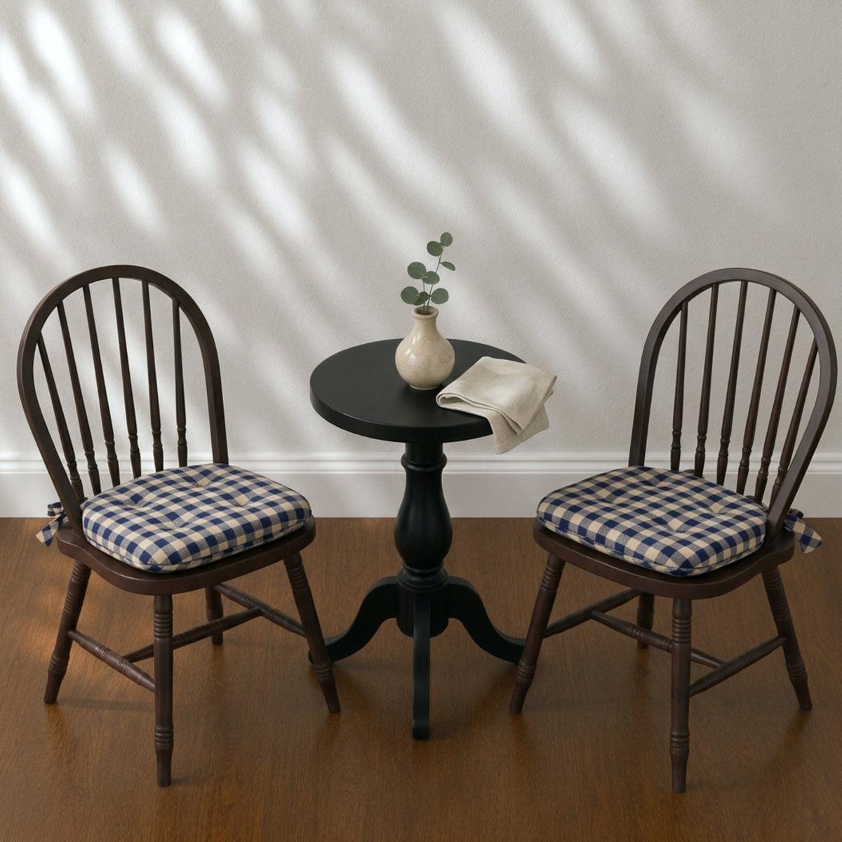 My Country Navy Natural Check Chair Pad Set of 2 15.5x17