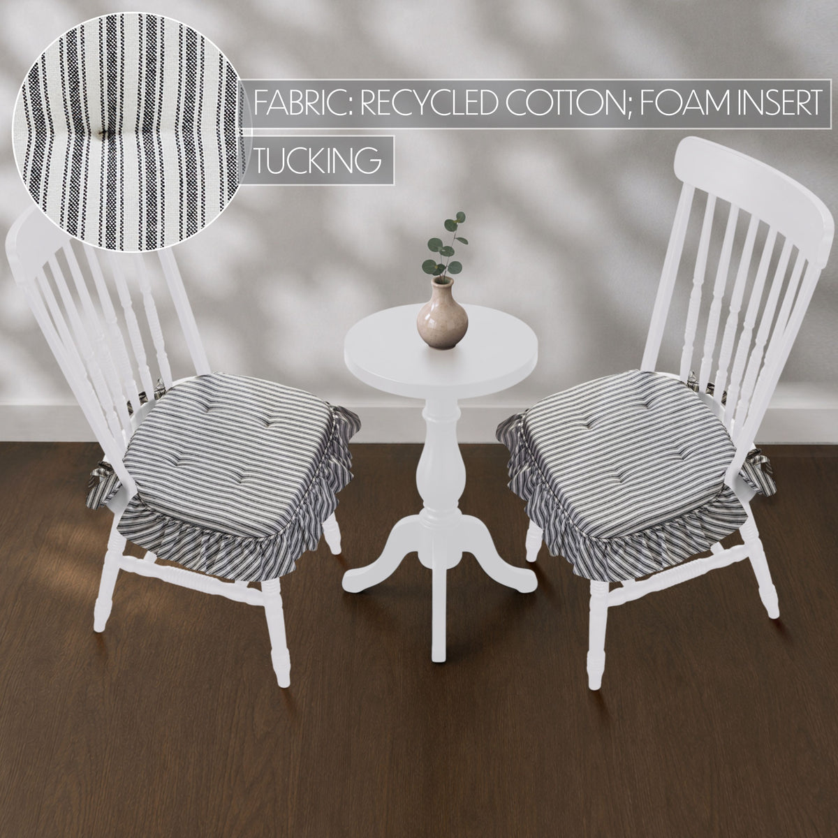 Sawyer Mill Black White Ruffle Chair Pad Set of 2 15.5x17