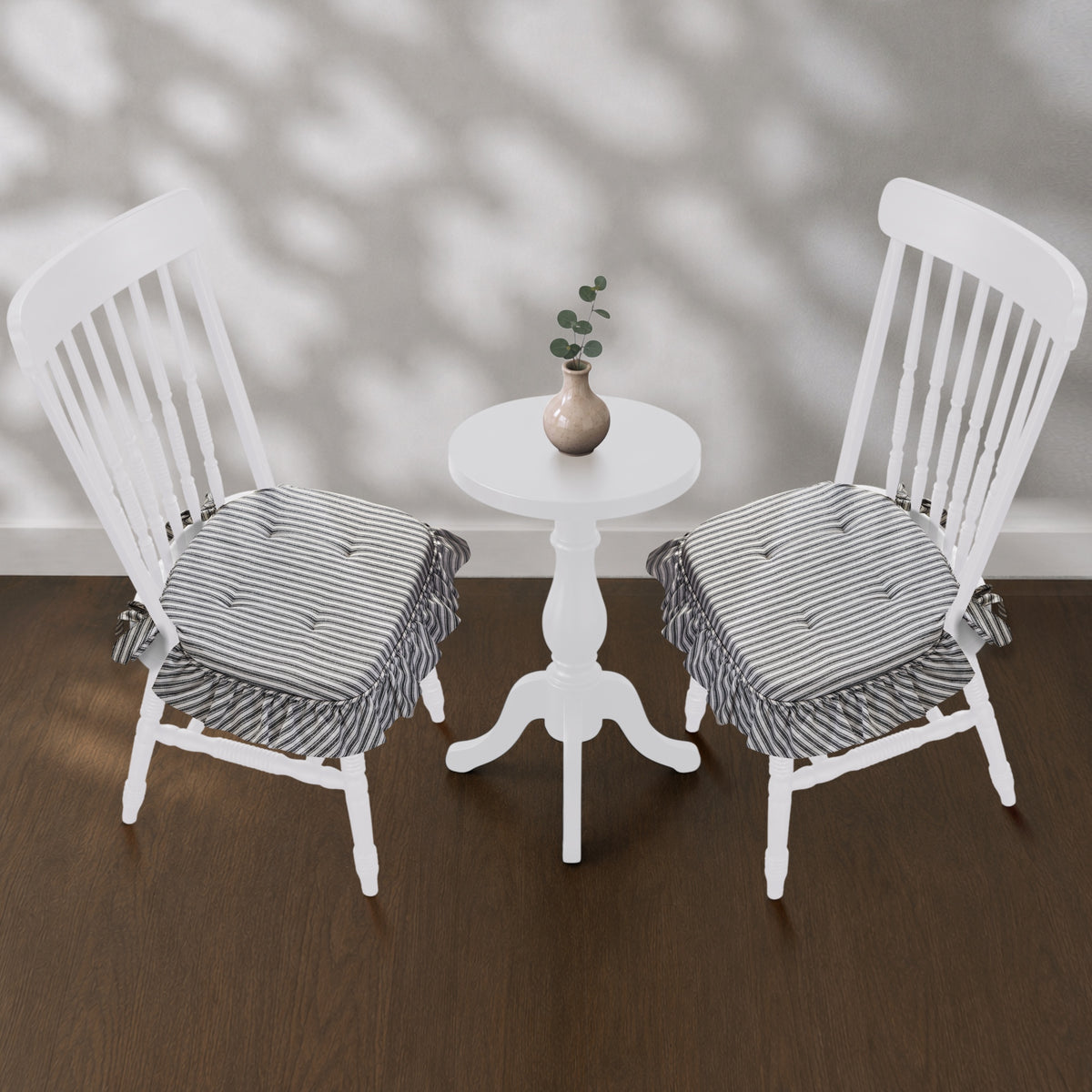 Sawyer Mill Black White Ruffle Chair Pad Set of 2 15.5x17