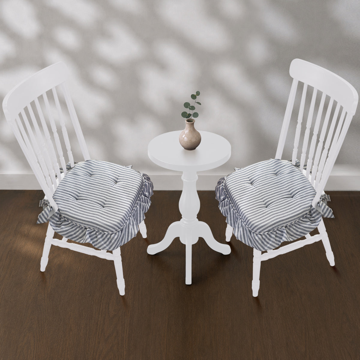 Sawyer Mill Blue Ruffled Stripe Chair Pad Set of 2 15.5x17