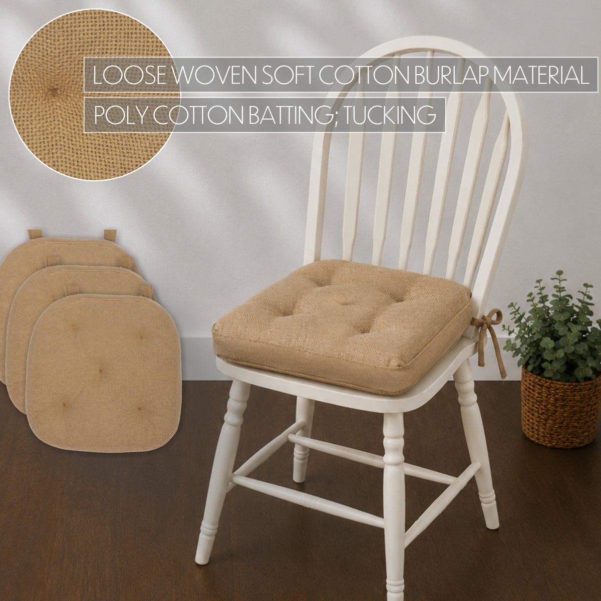 Natural Cotton Burlap Chair Pad Set of 4 15x15
