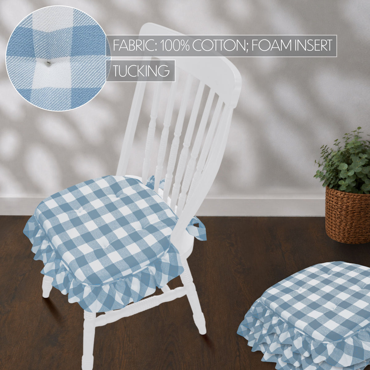Annie Blue White Ruffled Check Chair Pad Set of 4 15.5x17