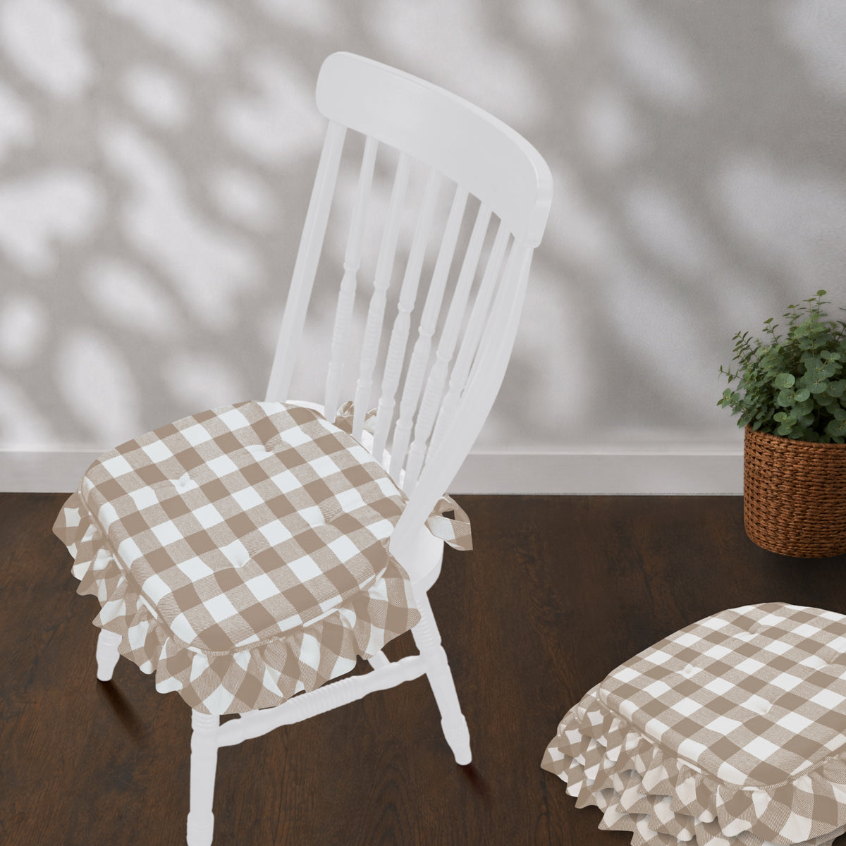 Annie Portabella Tan Buff Check Chair Pad Set of 4 15.5x17