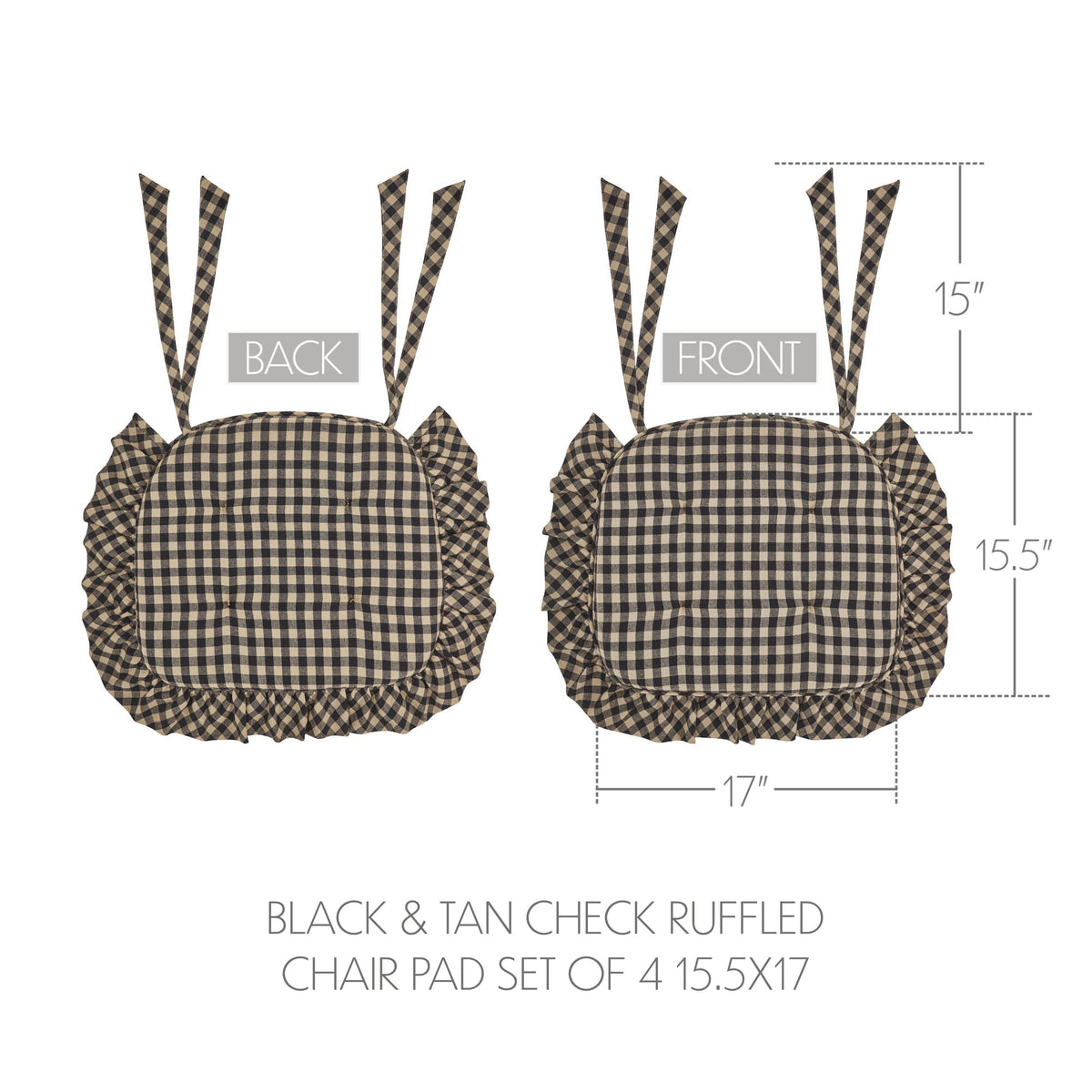 Black & Tan Check Ruffled Chair Pad Set of 4 15.5x17