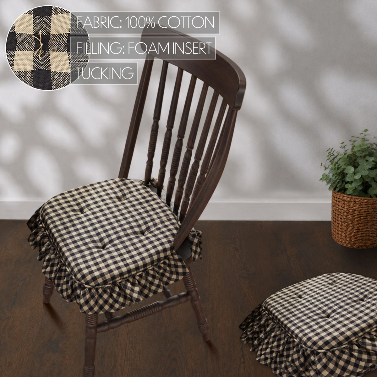 Black & Tan Check Ruffled Chair Pad Set of 4 15.5x17