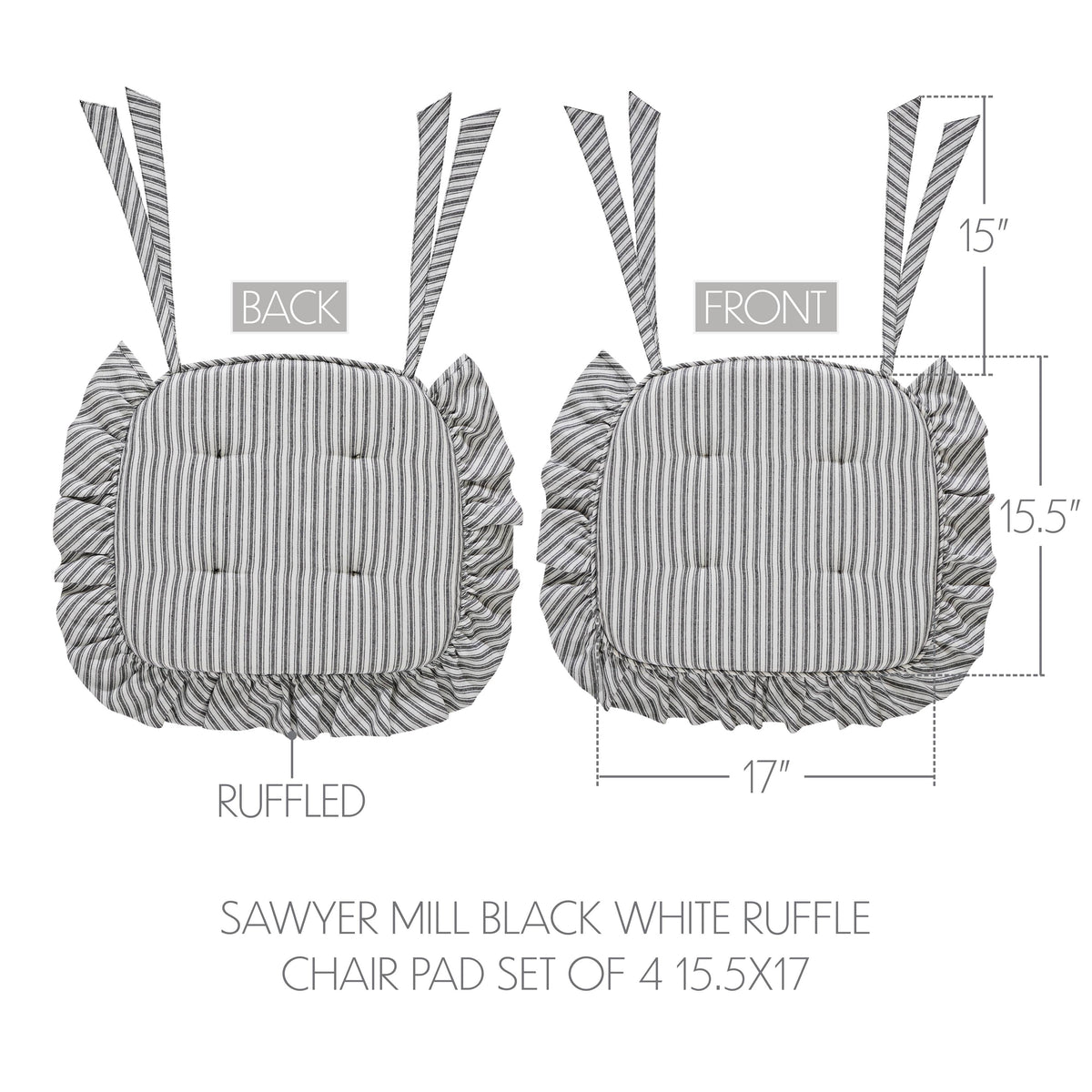 Sawyer Mill Black White Ruffle Chair Pad Set of 4 15.5x17