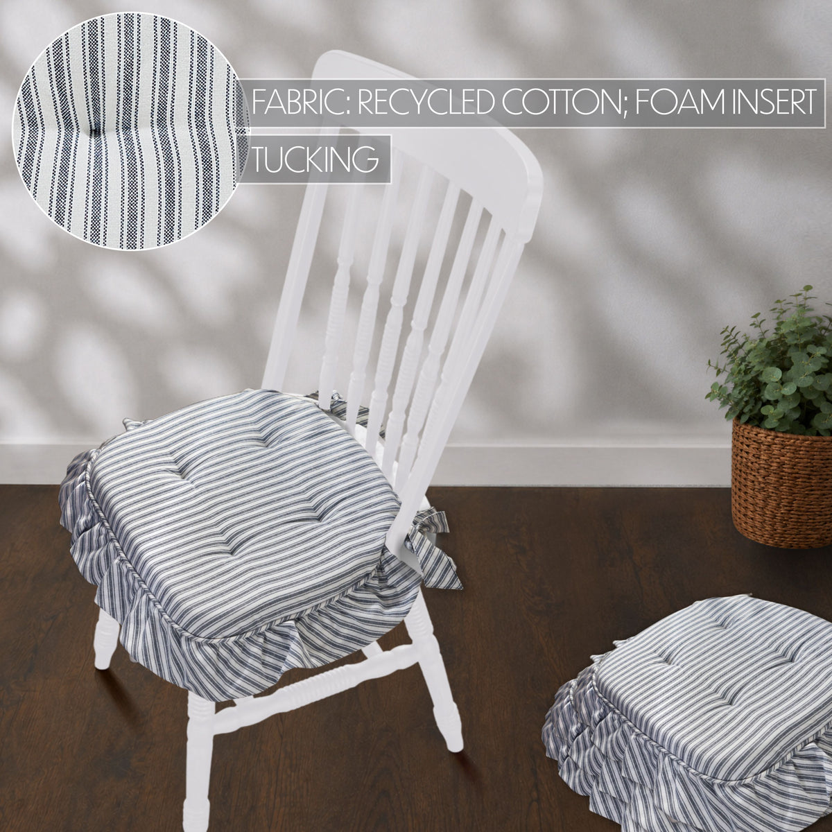 Sawyer Mill Blue Ruffled Stripe Chair Pad Set of 4 15.5x17