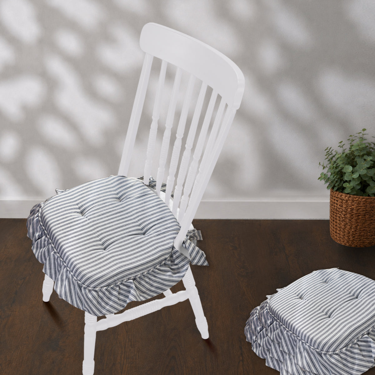 Sawyer Mill Blue Ruffled Stripe Chair Pad Set of 4 15.5x17