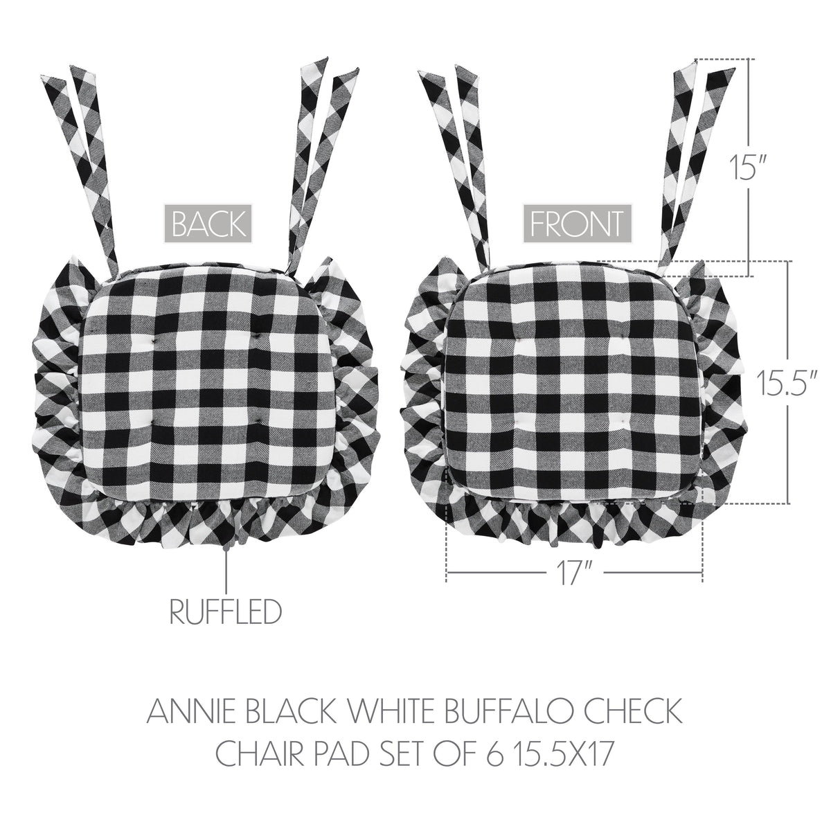 Annie Black White Buffalo Check Chair Pad Set of 6 15.5x17