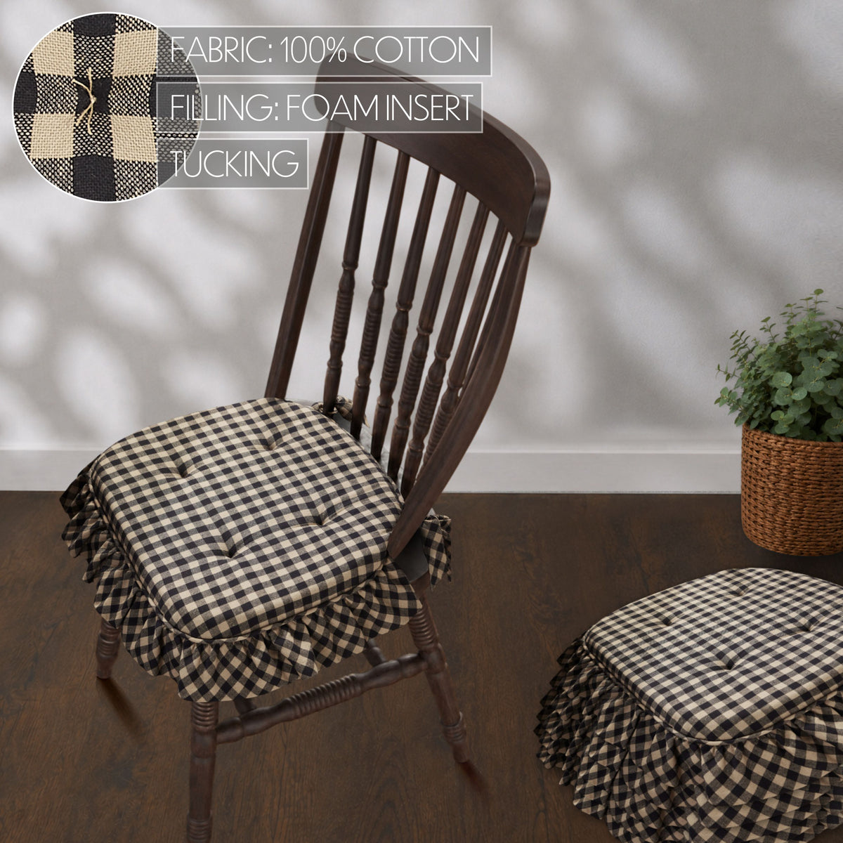 Black & Tan Check Ruffled Chair Pad Set of 6 15.5x17