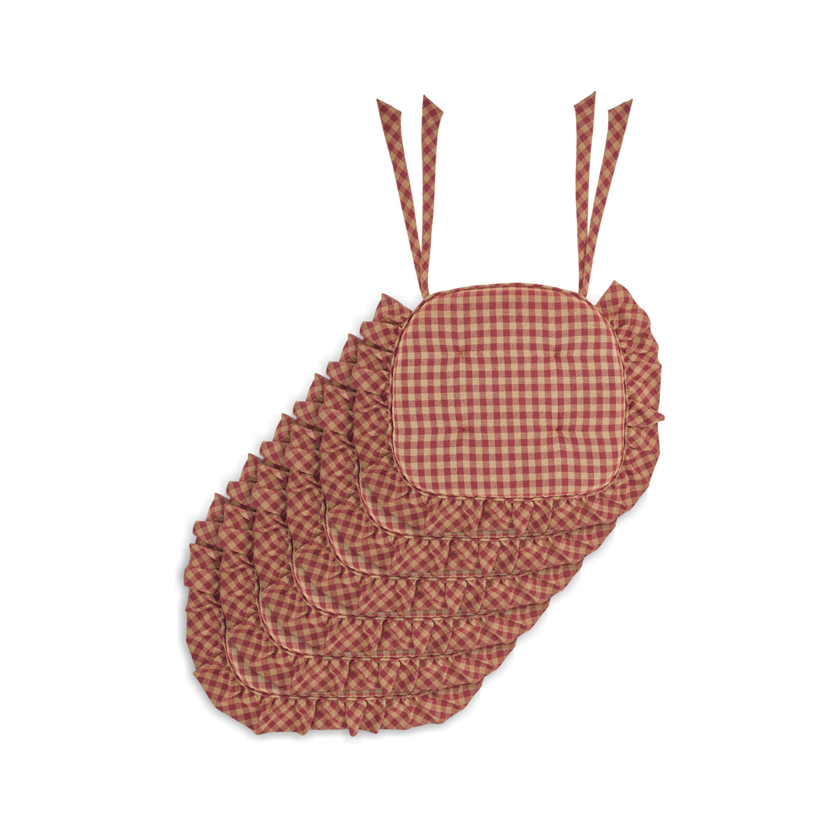 Burgundy & Tan Check Ruffled Chair Pad Set of 6 15.5x17