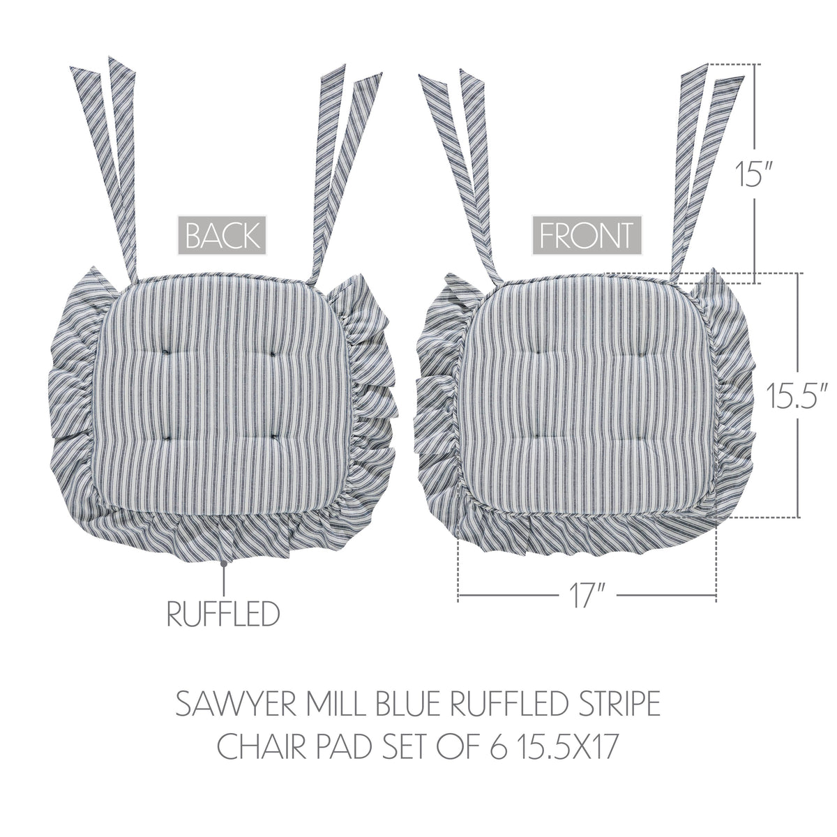 Sawyer Mill Blue Ruffled Stripe Chair Pad Set of 6 15.5x17