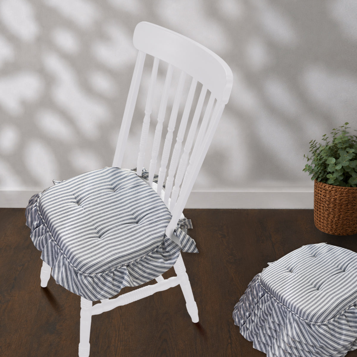 Sawyer Mill Blue Ruffled Stripe Chair Pad Set of 6 15.5x17